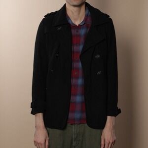 Vintage Y2K Paris Blues Black Double Breasted Wool Blend Peacoat Belted Women L